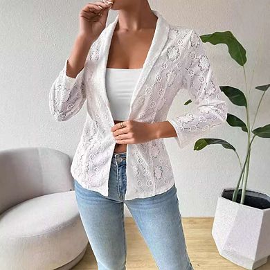 Women's Open Front Lightweight Blazer Lace 3/4 Sleeve Notch Collar Casual Cardigan