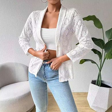 Women's Open Front Lightweight Blazer Lace 3/4 Sleeve Notch Collar Casual Cardigan