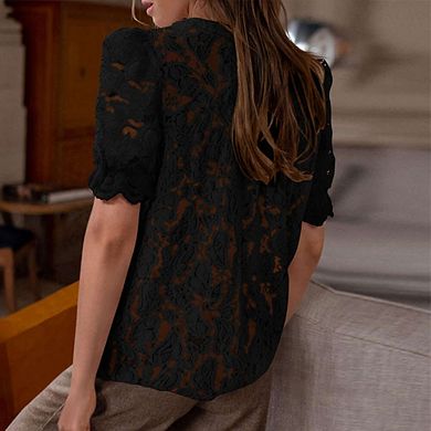 Women's Lace Blouse with Floral Embroidery - Princess Sleeves Button-Up V-Neck Top
