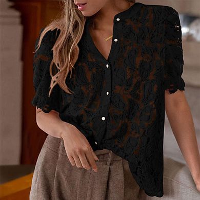 Women's Lace Blouse with Floral Embroidery - Princess Sleeves Button-Up V-Neck Top