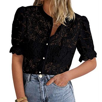 Women's Lace Blouse with Floral Embroidery - Princess Sleeves Button-Up V-Neck Top