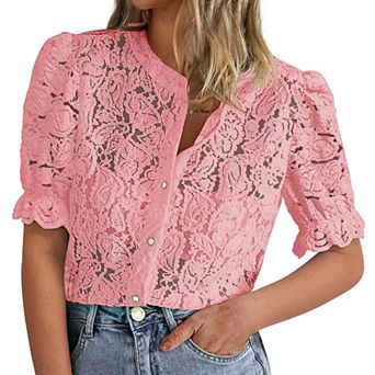 Women's Lace Blouse with Floral Embroidery - Princess Sleeves Button-Up V-Neck Top
