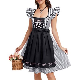 Women's 2 pc Oktoberfest Set: Cap Sleeve Plaid Dirndl Dress + Embroidered Hem Apron