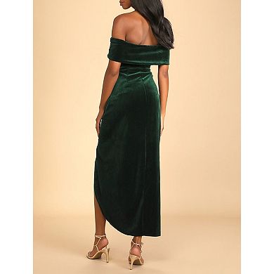 Women's Summer Casual Velvet Off Shoulder Maxi Dress Ruched Short Sleeve Slit Party Long Dress