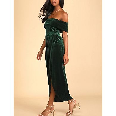 Women's Summer Casual Velvet Off Shoulder Maxi Dress Ruched Short Sleeve Slit Party Long Dress