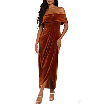 Women's Summer Casual Velvet Off Shoulder Maxi Dress Ruched Short Sleeve Slit Party Long Dress