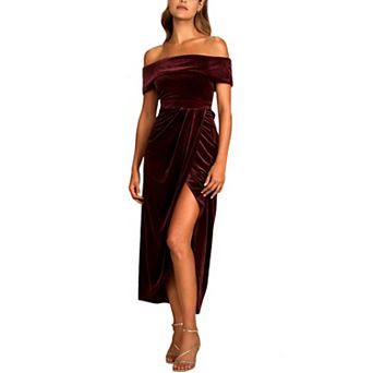 Women's Summer Casual Velvet Off Shoulder Maxi Dress Ruched Short Sleeve Slit Party Long Dress