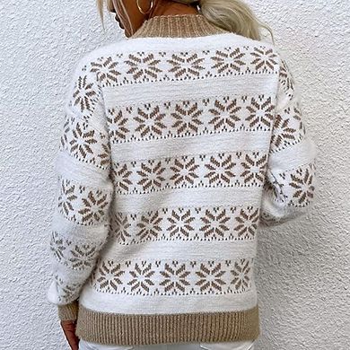 Women's Half Turtleneck Sweater Long Sleeve Snowflake Pattern Knit Pullover Sweater Casual Top