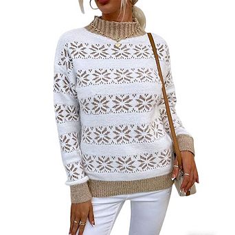 Women's Half Turtleneck Sweater Long Sleeve Snowflake Pattern Knit Pullover Sweater Casual Top