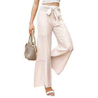 Women's High Waisted Smocked Ruffle Hem Wide Leg Palazzo Vacation Beach Pants