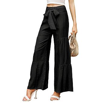 Women's High Waisted Smocked Ruffle Hem Wide Leg Palazzo Vacation Beach Pants