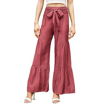 Women's High Waisted Smocked Ruffle Hem Wide Leg Palazzo Vacation Beach Pants