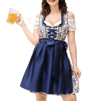 Women's 3 pc Floral Oktoberfest Set: 3D Ruffled Square Neck Dirndl Apron Off-Shoulder Crop Top