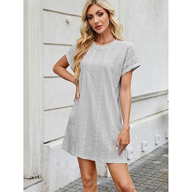 Women's Summer Casual Short Sleeve Mini Dress Solid Color Loose Fit Crew Neck Pocket Short Dress