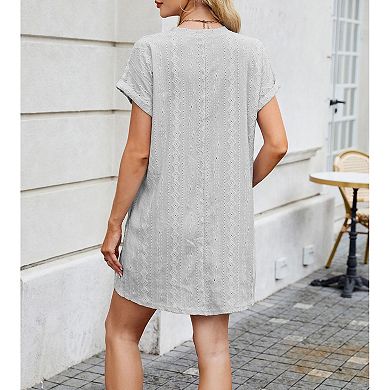 Women's Summer Casual Short Sleeve Mini Dress Solid Color Loose Fit Crew Neck Pocket Short Dress