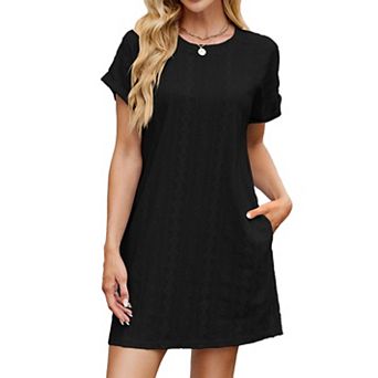 Women's Summer Casual Short Sleeve Mini Dress Solid Color Loose Fit Crew Neck Pocket Short Dress