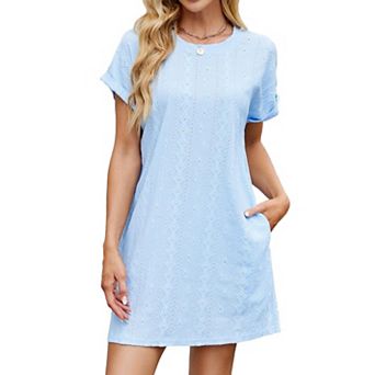 Women's Summer Casual Short Sleeve Mini Dress Solid Color Loose Fit Crew Neck Pocket Short Dress