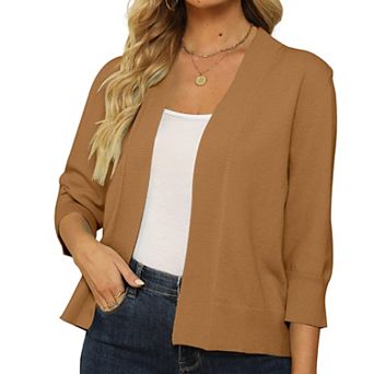 Women's 3/4 Sleeve Knit Cardigan Lightweight Open Front Cropped Sweater