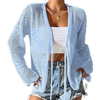 Women's Long Sleeve Tie-Front Cardigan V-Neck Crochet Knit Cover Up