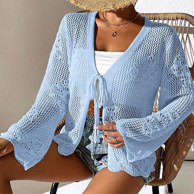 Women's Long Sleeve Tie-Front Cardigan V-Neck Crochet Knit Cover Up