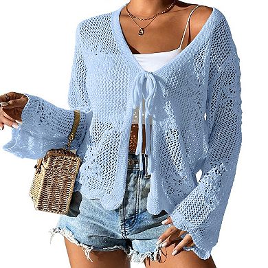 Women's Long Sleeve Tie-Front Cardigan V-Neck Crochet Knit Cover Up