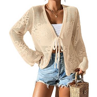 Women's Long Sleeve Tie-Front Cardigan V-Neck Crochet Knit Cover Up