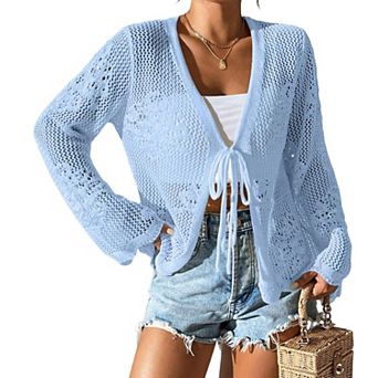 Women's Long Sleeve Tie-Front Cardigan V-Neck Crochet Knit Cover Up