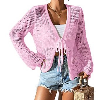 Women's Long Sleeve Tie-Front Cardigan V-Neck Crochet Knit Cover Up