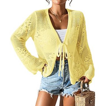 Women's Long Sleeve Tie-Front Cardigan V-Neck Crochet Knit Cover Up