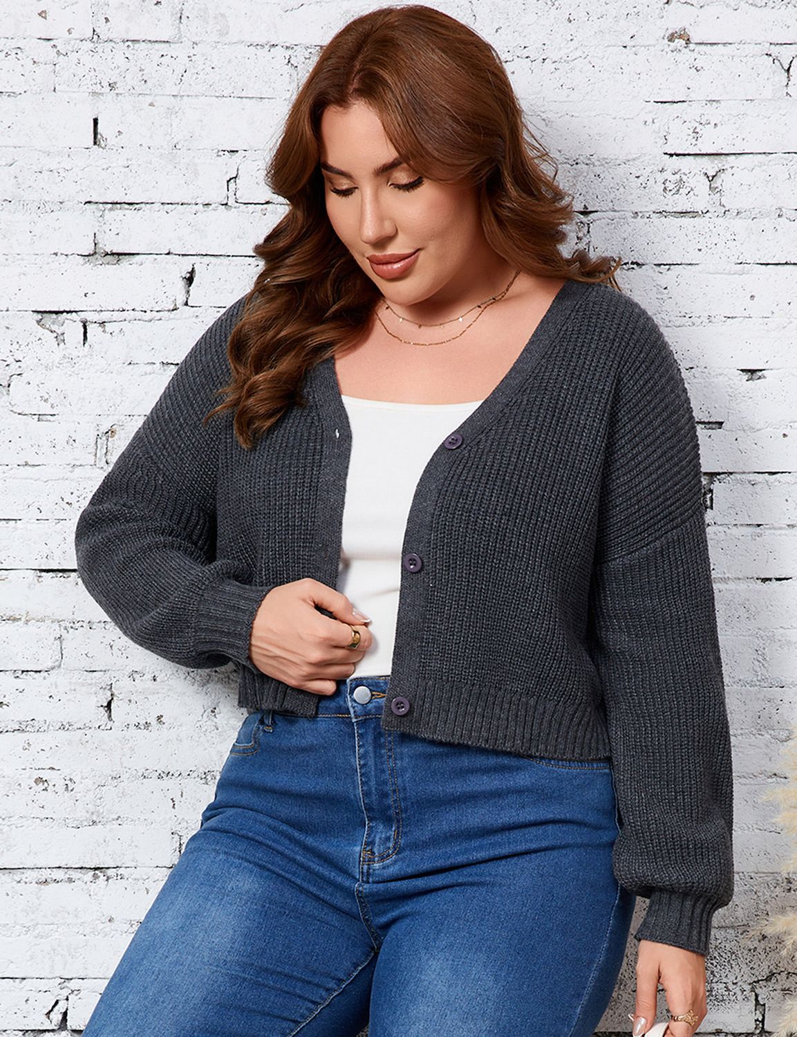 Women's Plus Size Cropped Cardigan V-Neck Button-Down Knit Sweater