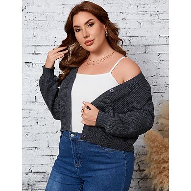 Women's Plus Size Cropped Cardigan V-Neck Button-Down Knit Sweater Long Sleeve Casual Knitwear