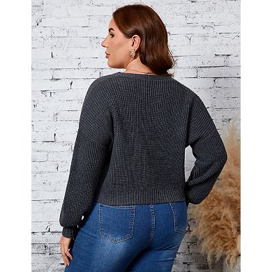 Women's Plus Size Cropped Cardigan V-Neck Button-Down Knit Sweater Long Sleeve Casual Knitwear