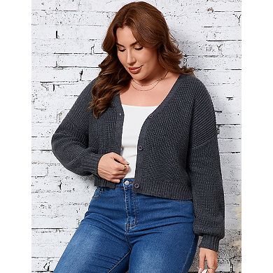 Women's Plus Size Cropped Cardigan V-Neck Button-Down Knit Sweater Long Sleeve Casual Knitwear