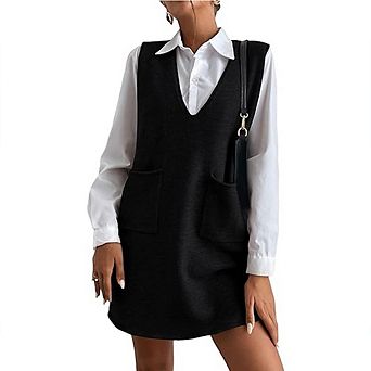 Women's Knitted Vest Dress V-Neck Sleeveless Patch Pockets Sweater Dress