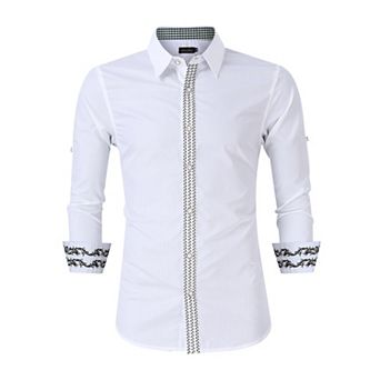 Men's Classic Embroidered White Shirt, Long Sleeve Roll-Up Formal Shirt with Notch Collar