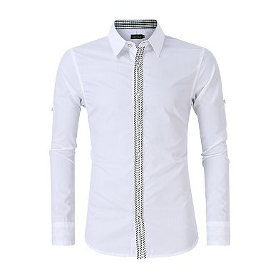 Men's Classic Embroidered White Shirt, Long Sleeve Roll-Up Formal Shirt with Notch Collar