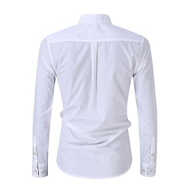 Men's Classic Embroidered White Shirt, Long Sleeve Roll-Up Formal Shirt with Notch Collar