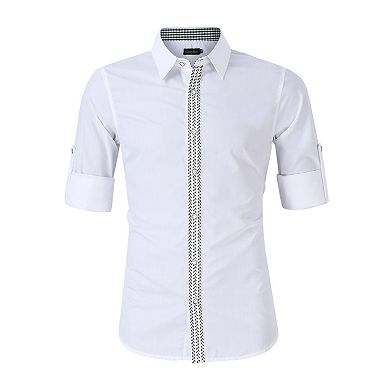 Men's Classic Embroidered White Shirt, Long Sleeve Roll-Up Formal Shirt with Notch Collar