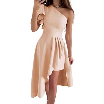 Women's One-Shoulder Asymmetrical Dress Ruffle Detail Formal Party Dress
