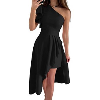 Women's One-Shoulder Asymmetrical Dress Ruffle Detail Formal Party Dress