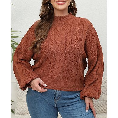 Women Plus Size Fall Lantern Long Sleeve Mock Neck Sweater Shirt Casual Cropped Top Soft Blouse