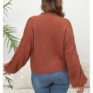 Women Plus Size Fall Lantern Long Sleeve Mock Neck Sweater Shirt Casual Cropped Top Soft Blouse