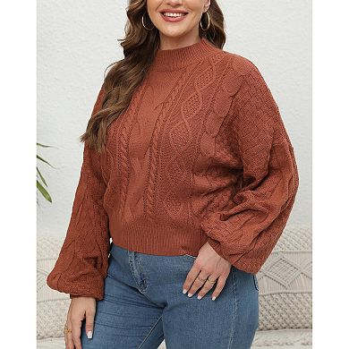 Women Plus Size Fall Lantern Long Sleeve Mock Neck Sweater Shirt Casual Cropped Top Soft Blouse