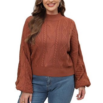 Women Plus Size Fall Lantern Long Sleeve Mock Neck Sweater Shirt Casual Cropped Top Soft Blouse
