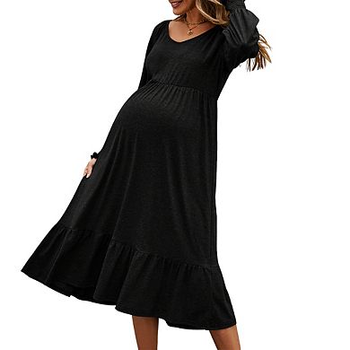 Maternity Puff Long Sleeve V Neck Smocked Cuff Baby Shower Midi Dress
