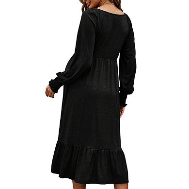 Maternity Puff Long Sleeve V Neck Smocked Cuff Baby Shower Midi Dress