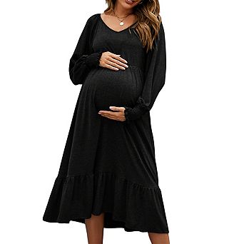 Maternity Puff Long Sleeve V Neck Smocked Cuff Baby Shower Midi Dress