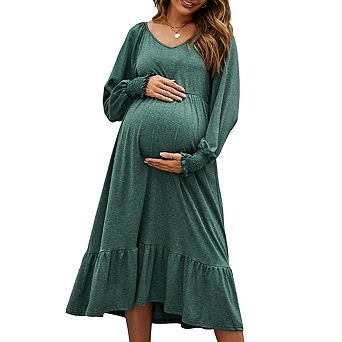 Maternity Puff Long Sleeve V Neck Smocked Cuff Baby Shower Midi Dress