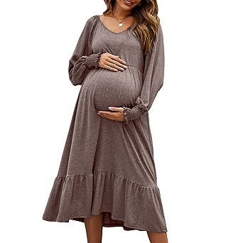 Maternity Puff Long Sleeve V Neck Smocked Cuff Baby Shower Midi Dress