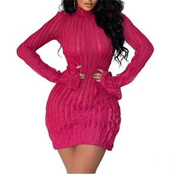 Women's Summer Fall Turtleneck Long Sleeve Bodycon Mini Dress Casual Fitted Pencil Dress